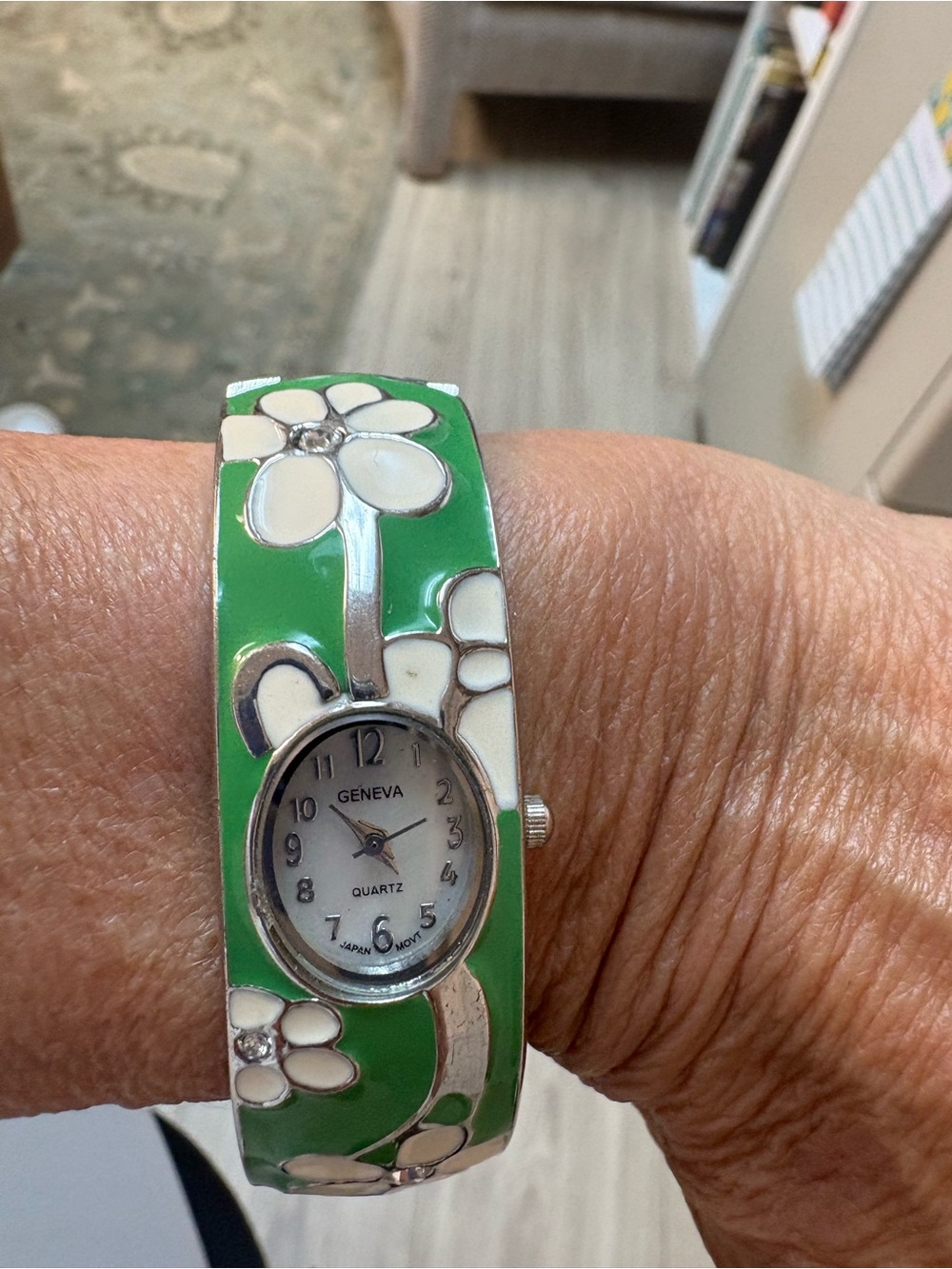 Geneva Green and White Floral Bangle Watch perfect enamel